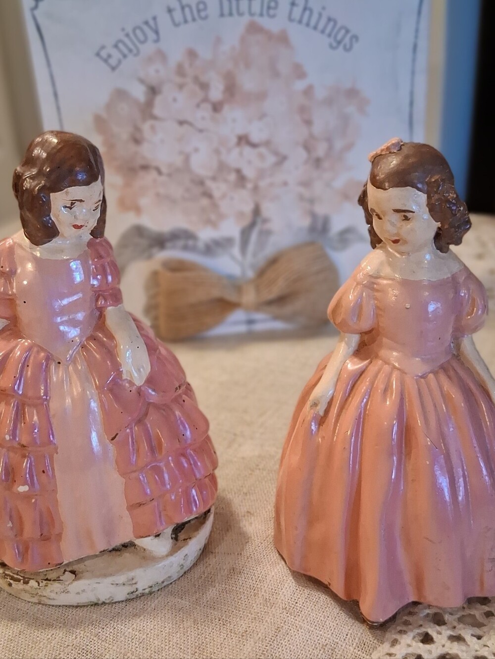 LOT 2 Vintage Coventry Ware Chalkware Victorian Figurines Girls Pink Dresses